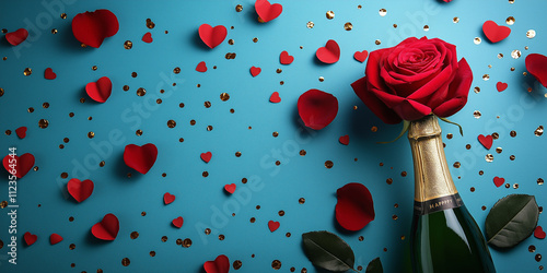 Romantic setting with red rose, champagne bottle, and heart-shaped confetti on blue background, perfect for Valentine’s Day celebrations and love-themed designs. photo