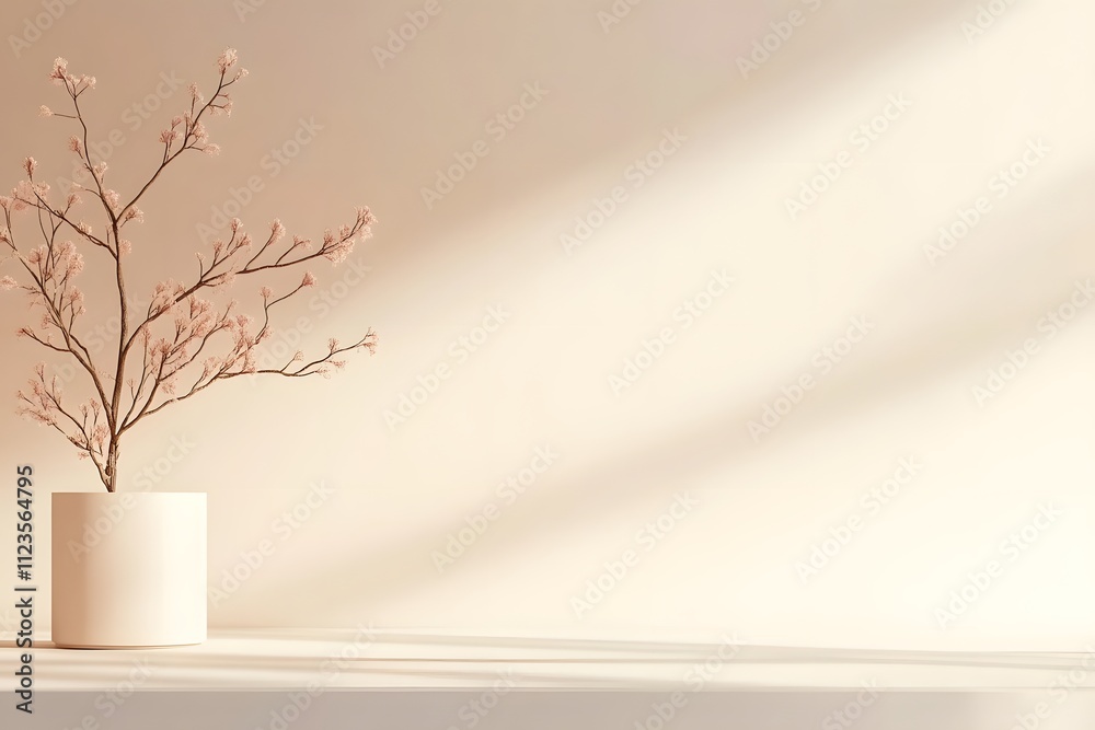 Minimalist Still Life with Branch in White Pot Against Beige Wall Minimalist Still Life with Branch in White Pot Against Beige Wall