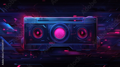 Futuristic cassette tape with vibrant neon lights and speakers.