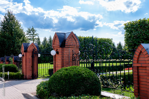 Voronezh, Russia, July 27, 2024: Gate to the Upper Park of the Oldenburg Palace Complex in the village of Ramon