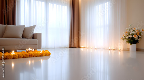 Festively Decorated Living Room with Marigold Garlands and Rangoli for Diwali Celebration
