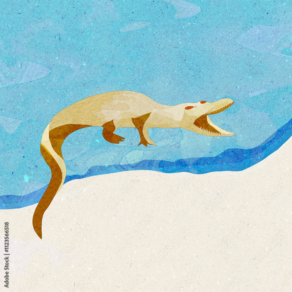 Ilustracja grafika sylwetka krokodyl na plaży jasne pastelowe kolory. Hand made drawing.