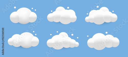 3D Cartoon Cumulus Clouds: Cute Fluffy and Geometric Cloud Shapes with Cloudscape - Vector Illustration