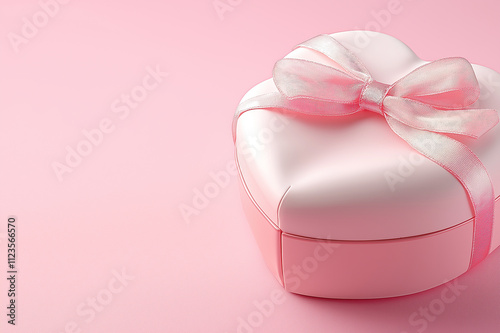 Soft pink satin heart-shaped gift box with matching ribbon, elegant and luxurious design for Valentine’s Day and romantic gifting occasions. photo