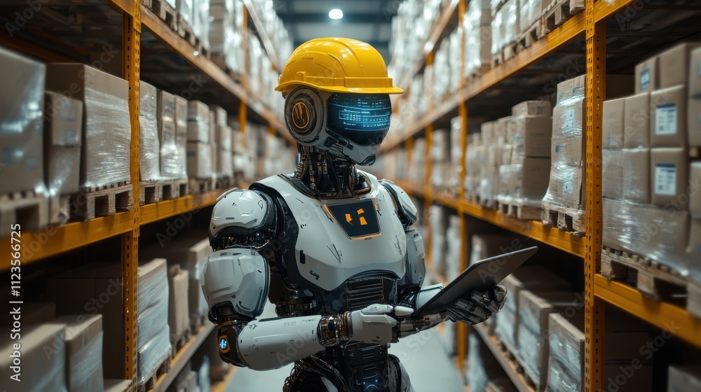 Industrial robot wearing a yellow hardhat in a warehouse aisle, using a tablet for inventory management, showcasing AI technology in logistics and automation industry innovation Industrial robot wearing a yellow hardhat in a warehouse aisle, using a tablet for inventory management, showcasing AI technology in logistics and automation industry innovation
