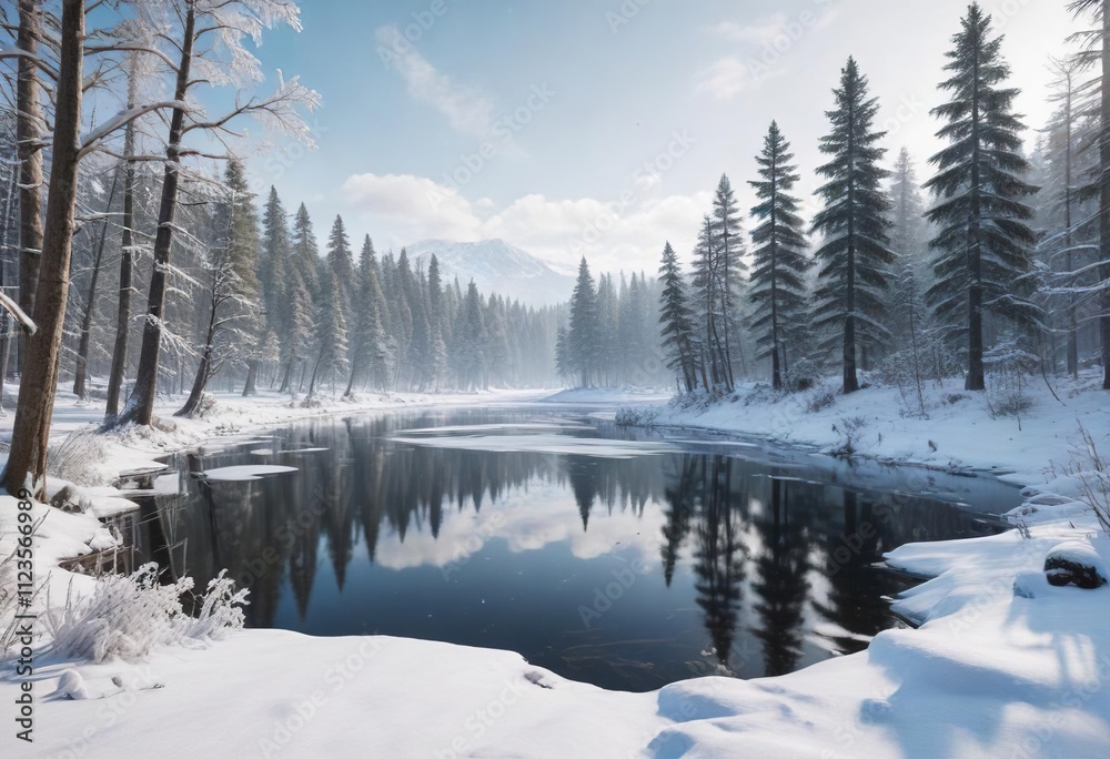 Obraz premium A snow-covered forest with a frozen lake in the background, frosty landscape, frozen lake