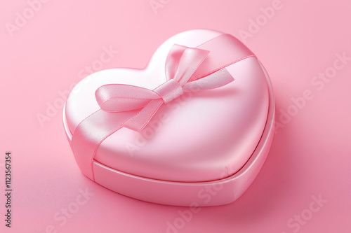 Soft pink satin heart-shaped gift box with matching ribbon, elegant and luxurious design for Valentine’s Day and romantic gifting occasions. photo