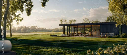 A modern house with green grass, floor plans in front, and a view from behind it, in a 3D rendering. The background is a sunny day with trees on one side and fields under clear skie