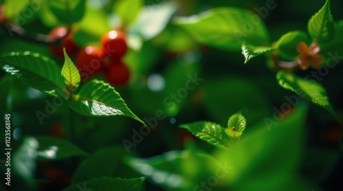 Vibrant red berries among lush green leaves in a natural setting during day
