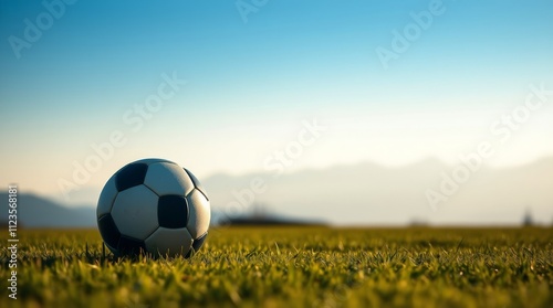 Soccer ball on green grass with mountains and clear blue sky in the backgroun...