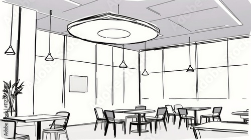 Modern interior design of a cafe with minimalist style and spacious layout