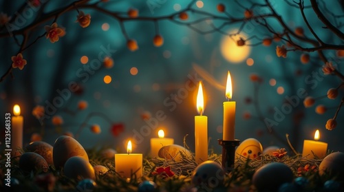 Celebration of spring with candles and decorated eggs in a magical night setting