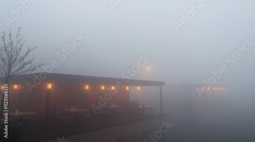 Fog envelops outdoor dining area at dusk creating a mystical ambiance in a se...