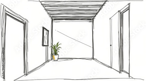 Interior hallway with doors and a plant in a modern, minimalist setting