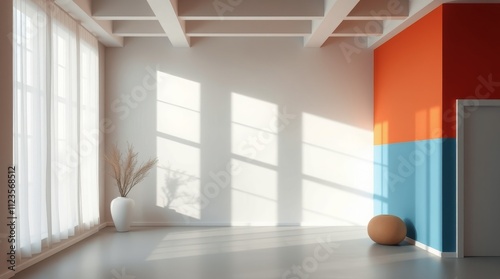 Spacious interior with sunlight streaming through large windows and colorful ...