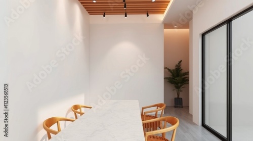 Modern dining area with minimalist design and natural light during daytime