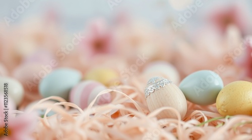 Decorative pastel eggs arranged among soft pink straw for Easter celebration ...