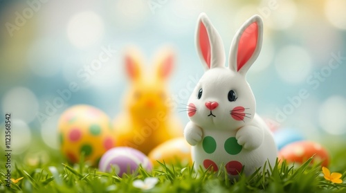 Colorful Easter celebration with bunny and eggs in a bright garden setting