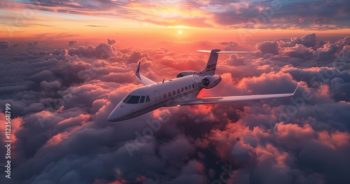 Business class travel idea a private, luxurious aircraft at dawn or sunset, Generative Ai. photo