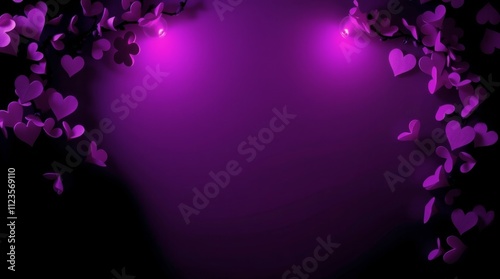 Beautiful purple hearts with soft glowing lights on a dark background for rom...