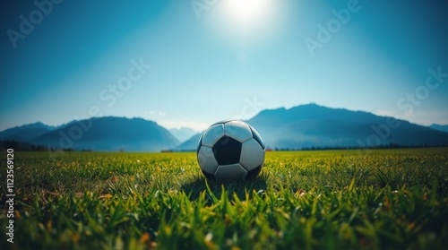 Soccer ball resting on grass with mountains and clear blue sky in background ...