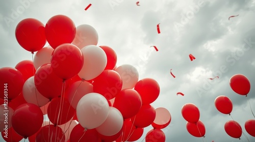 Colorful balloons released into the sky during a celebration event on an over...