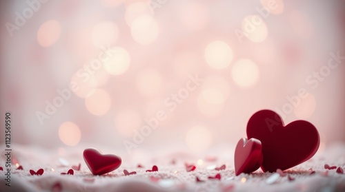 Decorative red hearts on a soft surface with a blurred light background durin...