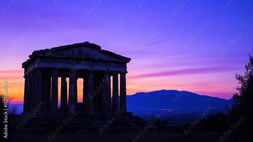 Fototapeta premium Majestic Greek Temple Silhouetted Against a Dramatic Vibrant Sunset Overlooking an Expansive Valley in the Background