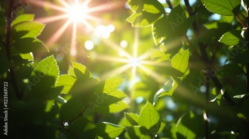 Sunlight filtering through green leaves creating a peaceful natural atmospher...