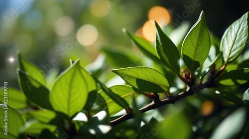 Close up view of vibrant green leaves with sunlight filtering through in a lu...
