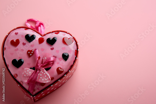 Heart-shaped pink gift box with red and black hearts and bow on pastel background, symbolizing love, affection, and Valentine’s Day celebration gift ideas. photo