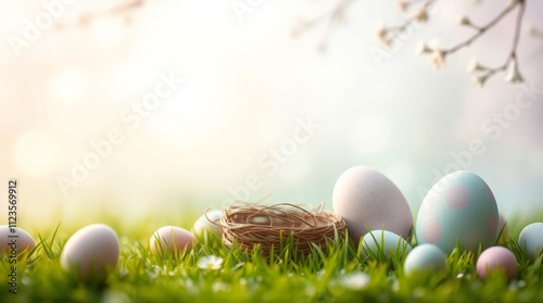 Decorative pastel Easter eggs and a nest on fresh grass in a serene spring se...