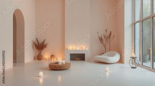 Beautiful serene indoor space adorned with candles and minimalistic decor for...