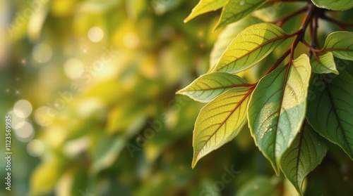 Sunlight filters through vibrant green leaves on a warm afternoon in a lush g...