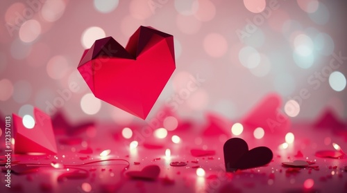 Floating red hearts with soft lights create a romantic atmosphere for celebra...