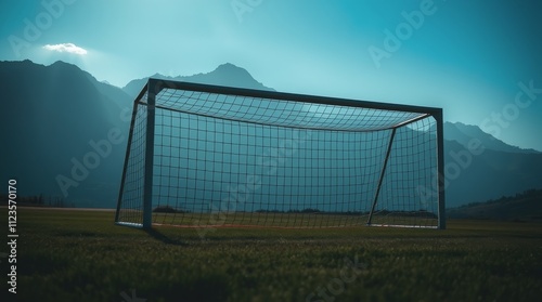 Soccer goal on grassy field with mountains in the background during sunset