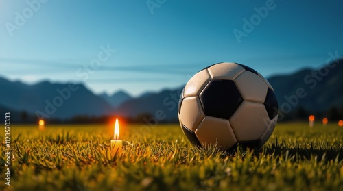 Soccer ball rests on grass near candles in a serene mountain landscape during...