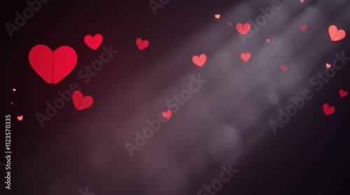 Floating red hearts illuminating a dark background during a romantic event