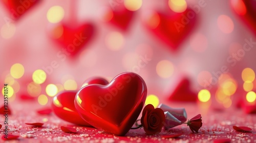 Romantic decorations with red hearts and rose on a soft pink background for s...