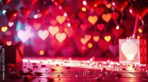 Romantic setting with heart decorations and gifts for a special occasion cele...