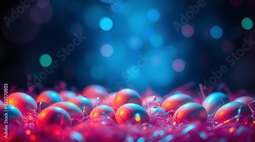 Colorful decorative eggs arranged creatively with vibrant lights during a fes...