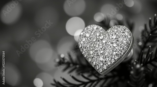 Heart shaped decoration with sparkling gems on a green plant background