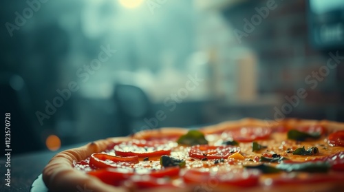 Freshly baked pizza topped with tomatoes and herbs in a cozy kitchen setting