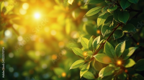 Sunlight filters through lush green leaves in a tranquil morning garden
