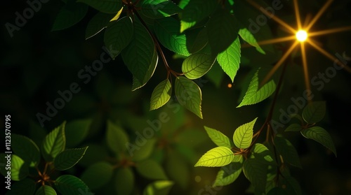 Sunlight filters through green leaves in a serene forest setting during midday