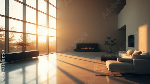 Modern living room bathed in sunset light with minimalist decor and cozy ambi...