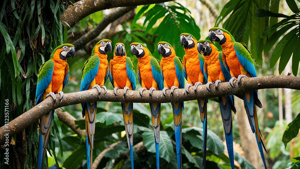 Obraz premium Colorful macaws perched on a branch in a lush tropical rainforest during daylight hours