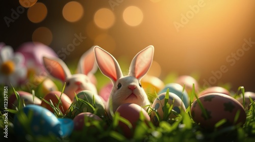 Cute rabbits surrounded by colorful Easter eggs in a sunny spring garden