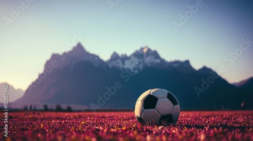 Soccer ball resting in a vibrant field with mountains at sunset in the backgr...