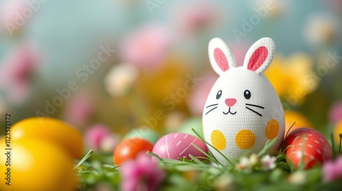 Colorful Easter decorations with bunny and eggs on grass surrounded by flowers